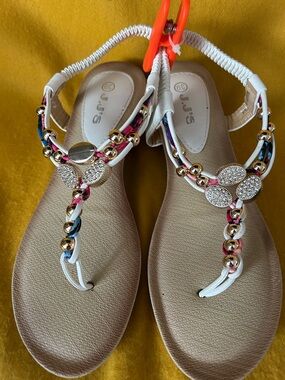White T-Strap Sandals with Rhinestone and Multicolor Braid Detail